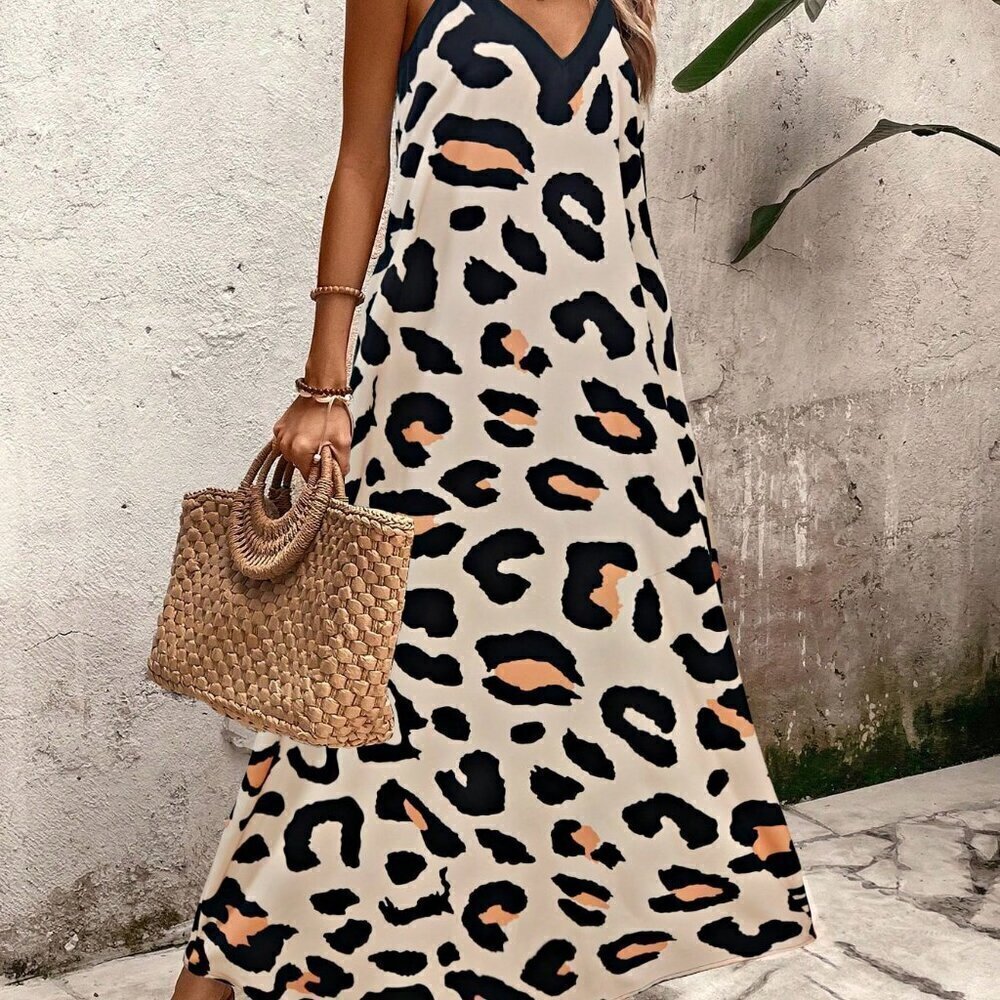 Multicolor Casual Women's Leopard Print Maxi Loose Cami Dress - Picture 6 of 7